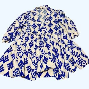 Zara Women’s Blue and White Floral Dress Large